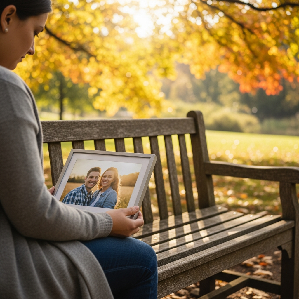 A grieving person sitting alone on a park bench next to an empty space, looking at a framed photograph of a happy couple in a meadow, with sunlight filtering through autumn leaves.