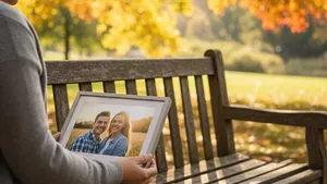 A grieving person sitting alone on a park bench next to an empty space, looking at a framed photograph of a happy couple in a meadow, with sunlight filtering through autumn leaves.