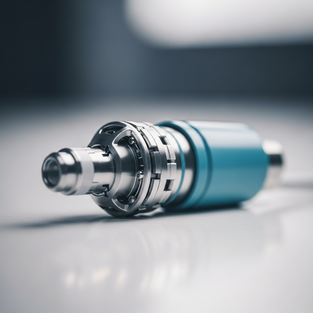 A close-up of a medical implant device resting on a clean clinical surface, emphasizing its intricate design and components.