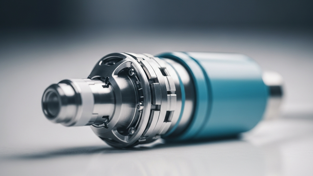 A close-up of a medical implant device resting on a clean clinical surface, emphasizing its intricate design and components.