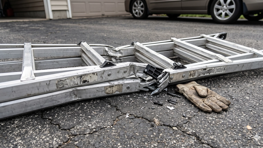 A buckled aluminum telescoping ladder collapsed on the ground, illustrating a product liability lawsuit for defective equipment.