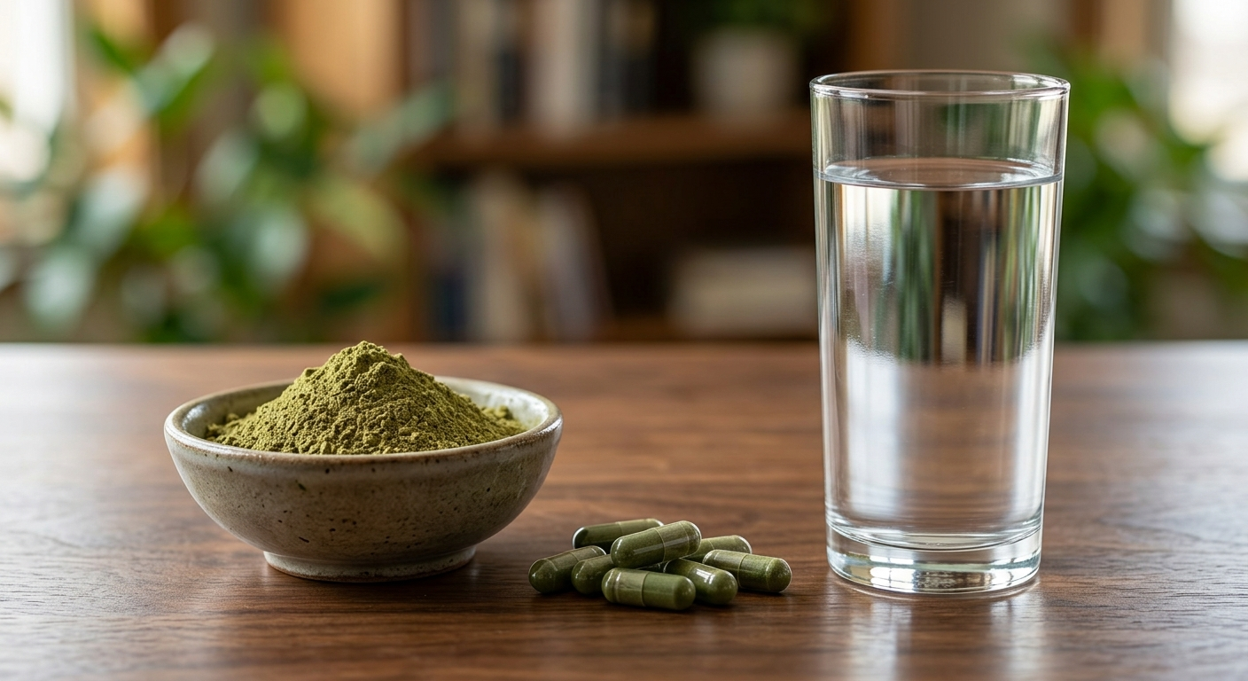 A wooden tabletop with a pile of green kratom powder, several green-filled gelatin capsules, and a tall glass of clear water against a soft-focus background.