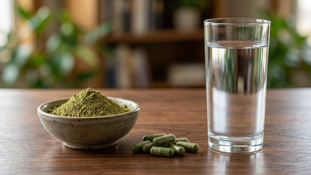 A wooden tabletop with a pile of green kratom powder, several green-filled gelatin capsules, and a tall glass of clear water against a soft-focus background.