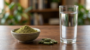 A wooden tabletop with a pile of green kratom powder, several green-filled gelatin capsules, and a tall glass of clear water against a soft-focus background.