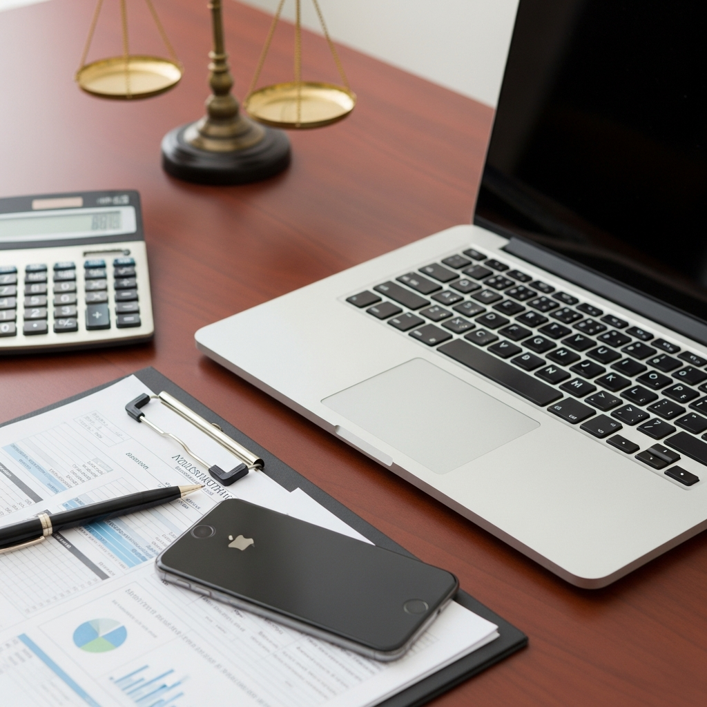 A sleek silver laptop and a high-end smartphone sitting on a mahogany office desk next to a calculator and professional financial documents.
