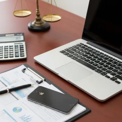 A sleek silver laptop and a high-end smartphone sitting on a mahogany office desk next to a calculator and professional financial documents.