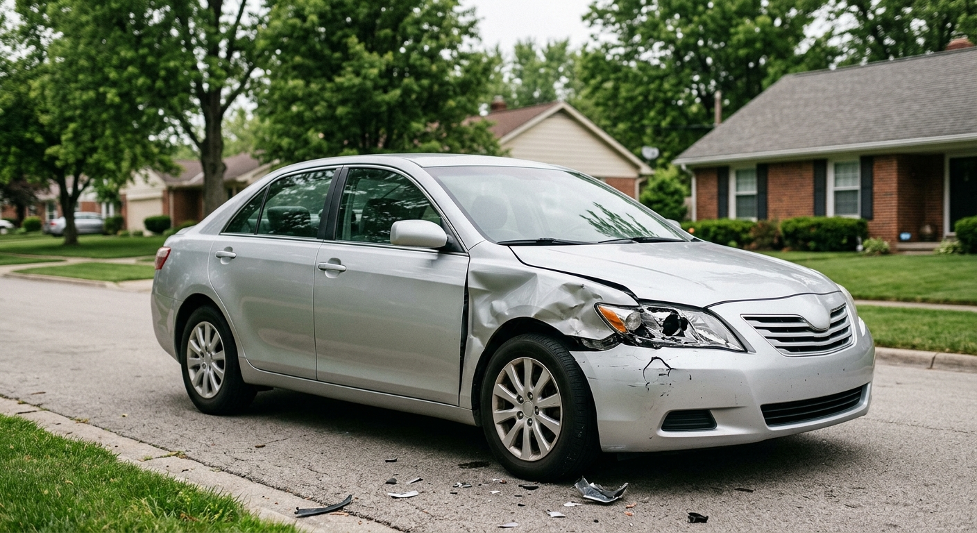 A silver sedan with a crumpled front fender and a broken headlight parked on the shoulder of a suburban street.