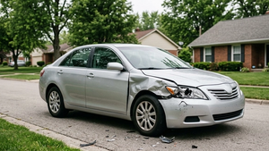 A silver sedan with a crumpled front fender and a broken headlight parked on the shoulder of a suburban street.