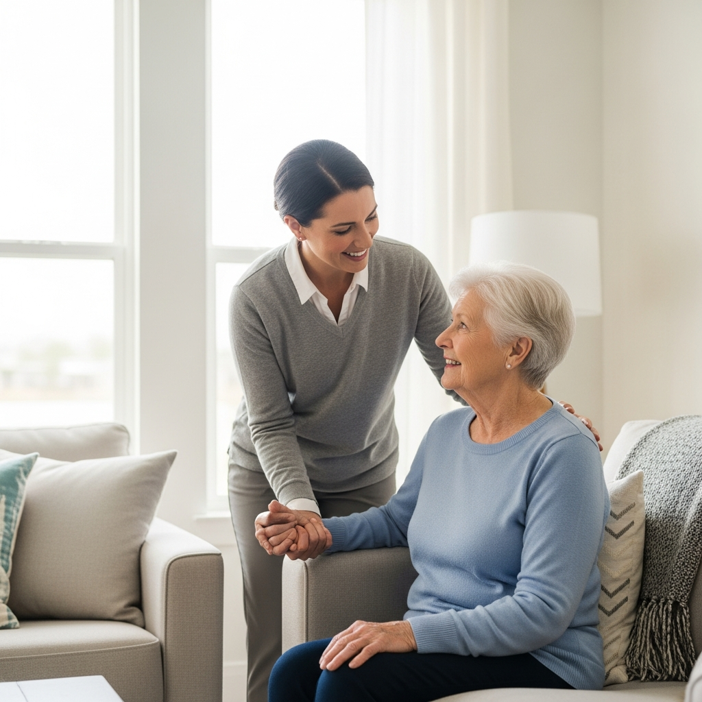 A female in-home caregiver assisting an elderly person in a bright living room, symbolizing home care services.