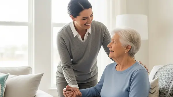 A female in-home caregiver assisting an elderly person in a bright living room, symbolizing home care services.