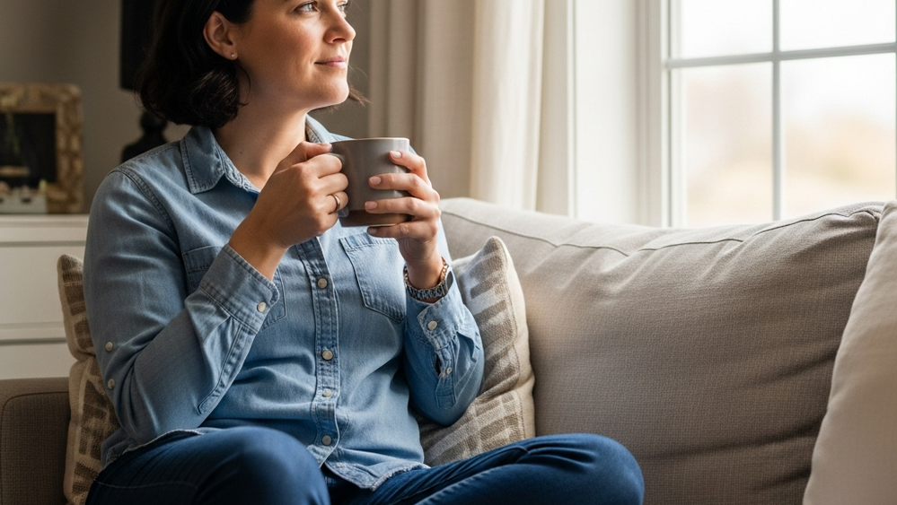 A calm, professional person sitting in a sunlit living room holding a ceramic mug and looking thoughtfully out of a large window.