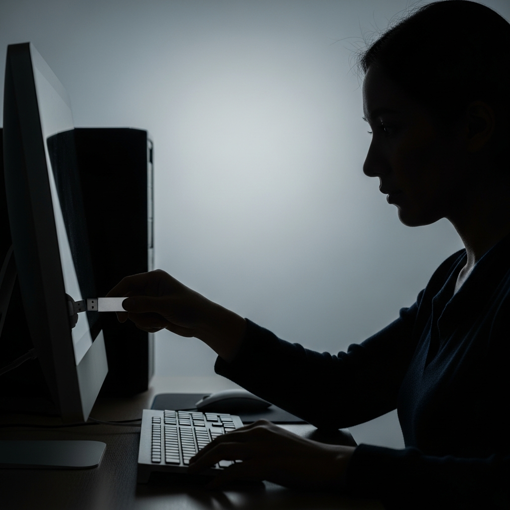 A silhouette of a person in a dark office using a USB drive on a computer workstation, symbolizing a digital data breach.