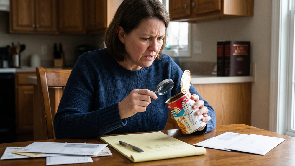 a concerned woman at a kitchen table, magnifying glass in hand, scrutinizing an open can of SpaghettiOs. Documents and a notebook are spread before her, and law books sit on a shelf in the background, symbolizing a legal investigation into product contamination.