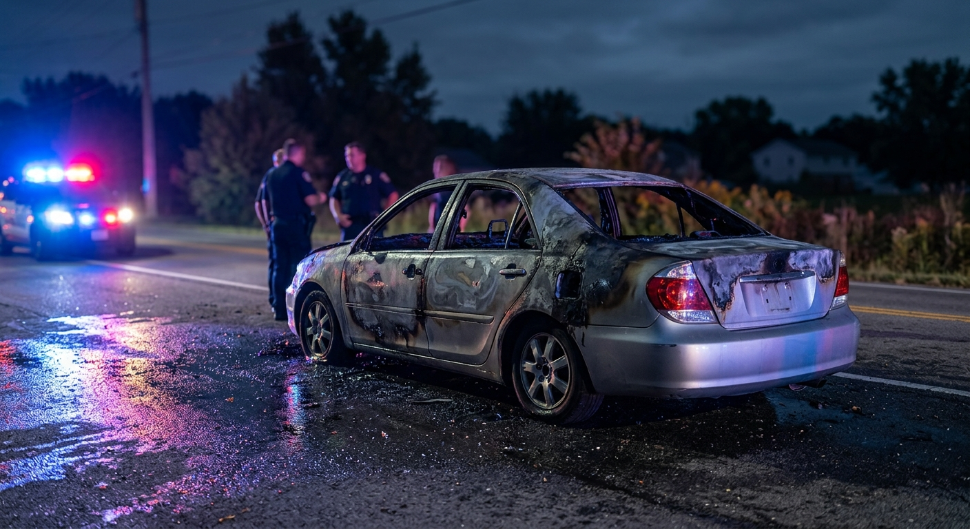 A charred silver sedan with heavy fire damage sitting on a roadside at night, with emergency vehicle lights reflecting on the wet pavement nearby.