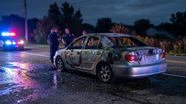 A charred silver sedan with heavy fire damage sitting on a roadside at night, with emergency vehicle lights reflecting on the wet pavement nearby.