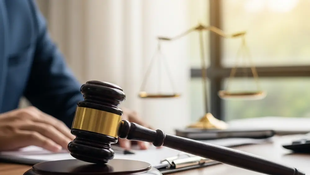A wooden gavel resting on a desk in a professional office setting with soft sunlight filtering through a window in the background.