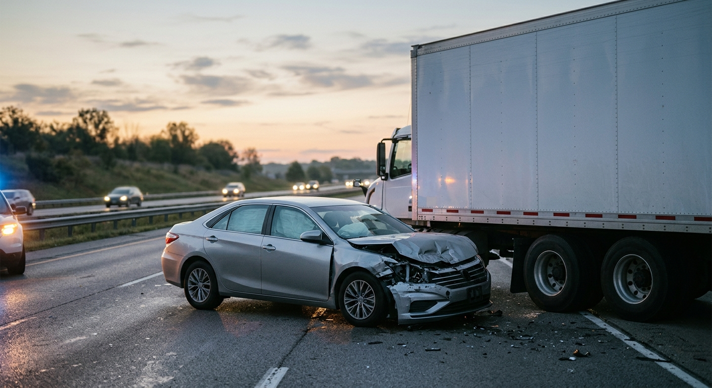 A silver sedan with heavy front-end damage near a large commercial semi-truck trailer on the side of a highway at dawn.