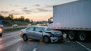 A silver sedan with heavy front-end damage near a large commercial semi-truck trailer on the side of a highway at dawn.