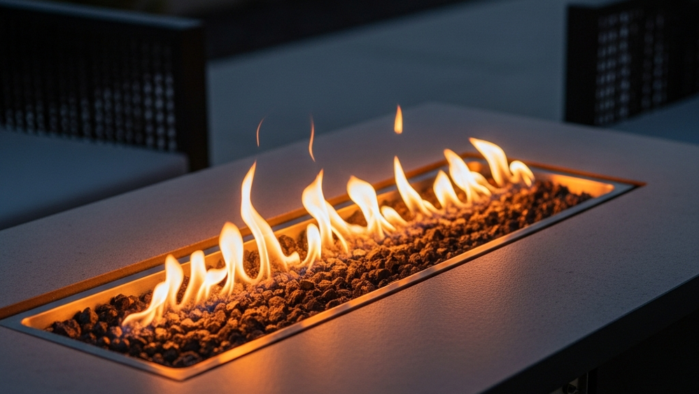 A close-up of a modern outdoor fire pit with glowing orange embers and flickering flames on a patio during dusk.