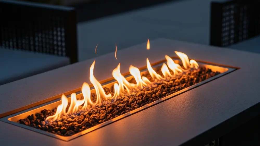 A close-up of a modern outdoor fire pit with glowing orange embers and flickering flames on a patio during dusk.