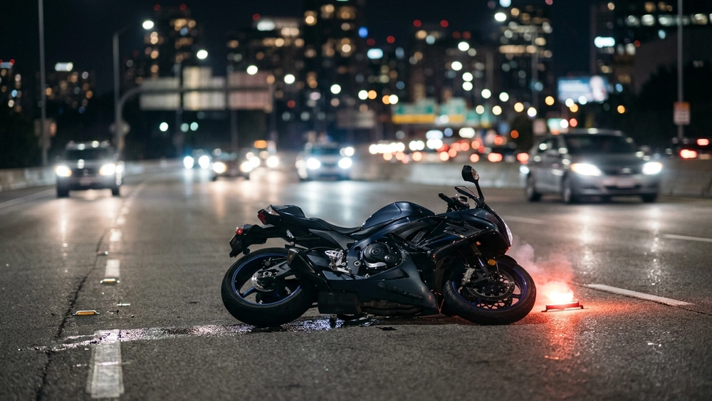 A damaged sport motorcycle lying on its side on a multi-lane city highway at night with blurred urban lights in the background.