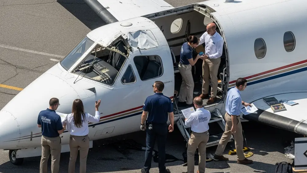 Aerial view of a private aircraft crash investigation site with investigators near wreckage