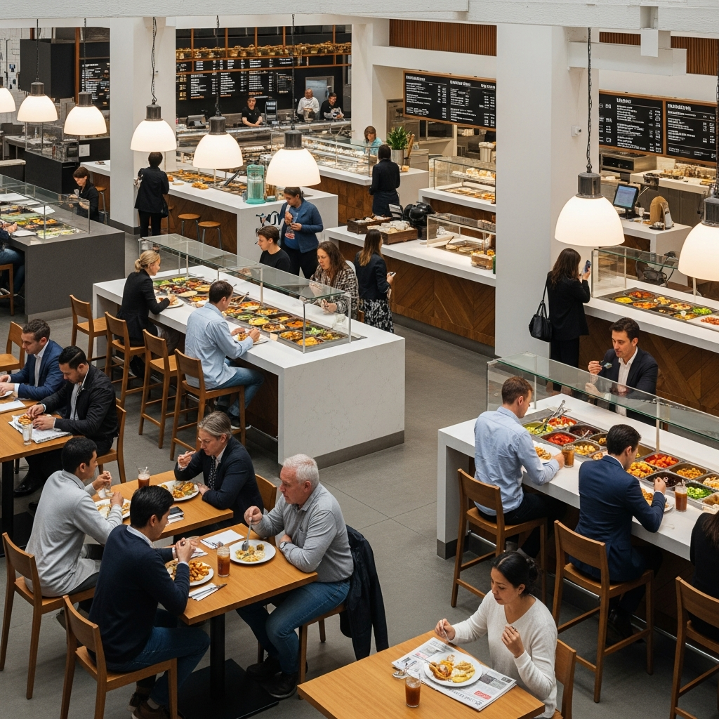 A bustling indoor food hall with various dining counters and people sitting at wooden tables in a bright, modern atmosphere.