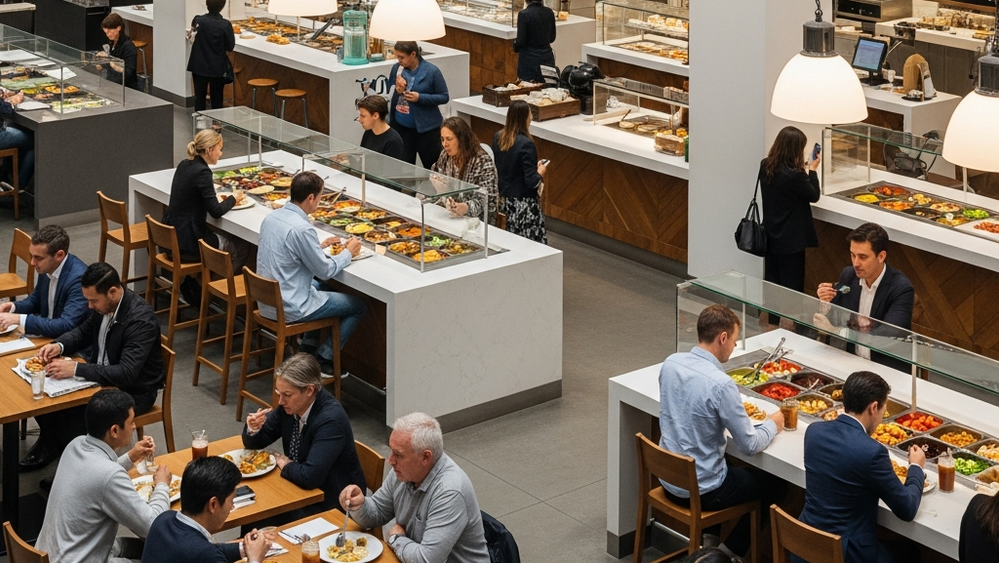 A bustling indoor food hall with various dining counters and people sitting at wooden tables in a bright, modern atmosphere.