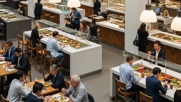 A bustling indoor food hall with various dining counters and people sitting at wooden tables in a bright, modern atmosphere.