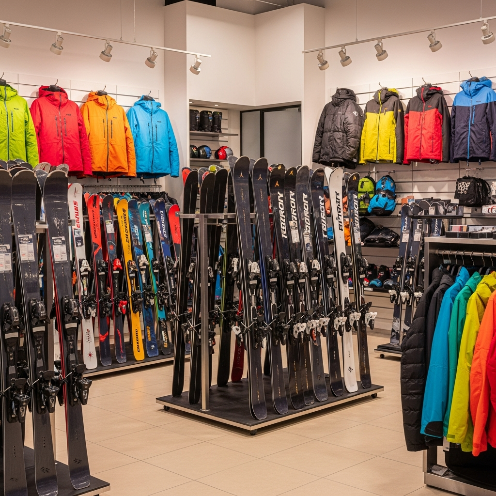 A variety of high-end winter sports equipment including skis, snowboards, and colorful outdoor jackets displayed in a modern, brightly lit retail showroom.