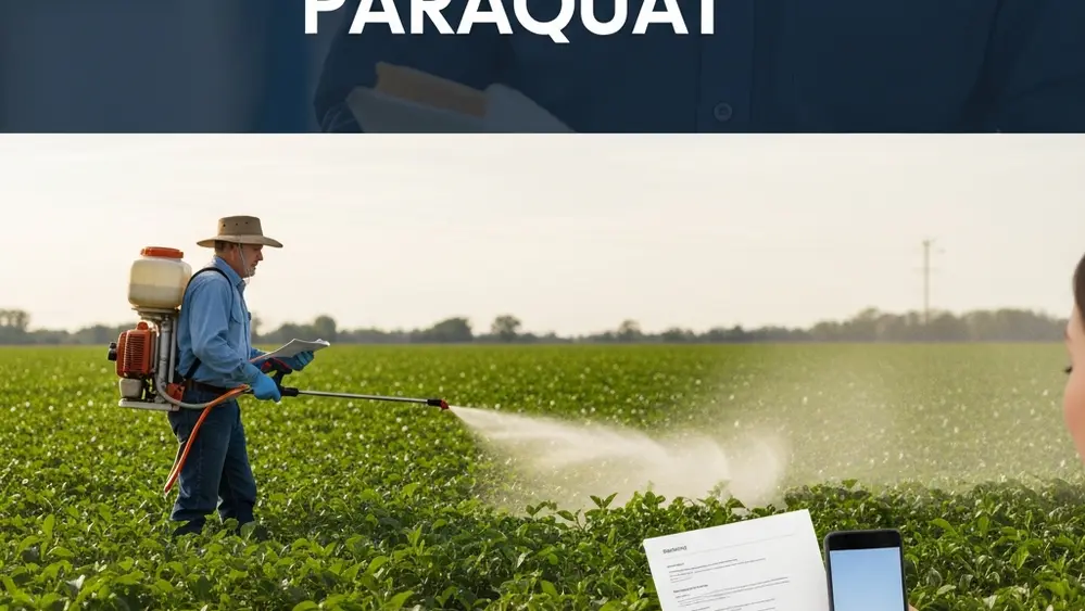 A farmer spraying herbicide on a large field, illustrating potential Paraquat exposure in agriculture.