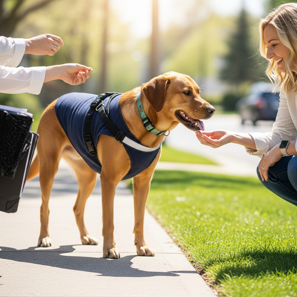 A medium-sized dog standing on a sidewalk with a person's hand visible nearby; the scene is a bright outdoor residential setting with grass and sunlight.