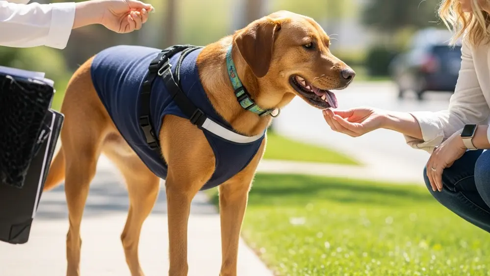 A medium-sized dog standing on a sidewalk with a person's hand visible nearby; the scene is a bright outdoor residential setting with grass and sunlight.