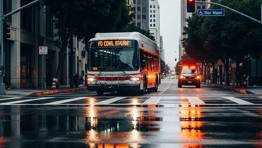 A modern city bus stopped at an urban intersection in downtown Los Angeles with emergency vehicle lights reflecting in the wet pavement