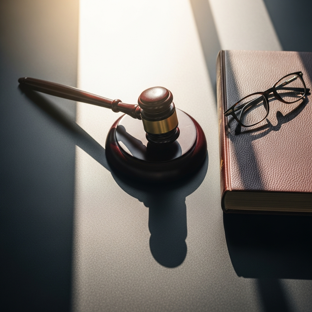 An overhead view of a wooden gavel resting on a desk next to a leather-bound law book and a pair of spectacles with soft sunlight streaming through a window