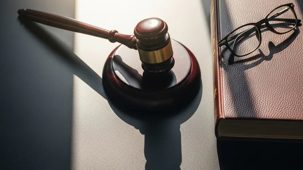 An overhead view of a wooden gavel resting on a desk next to a leather-bound law book and a pair of spectacles with soft sunlight streaming through a window