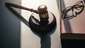 An overhead view of a wooden gavel resting on a desk next to a leather-bound law book and a pair of spectacles with soft sunlight streaming through a window
