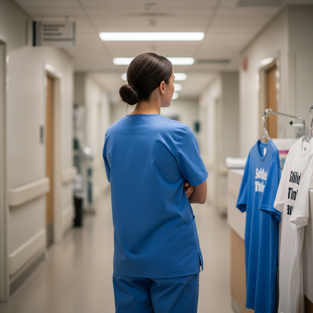 A medical worker in blue scrubs stands thoughtfully in a modern hospital hallway with soft lighting, representing reflection in a professional setting.