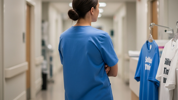 A medical worker in blue scrubs stands thoughtfully in a modern hospital hallway with soft lighting, representing reflection in a professional setting.