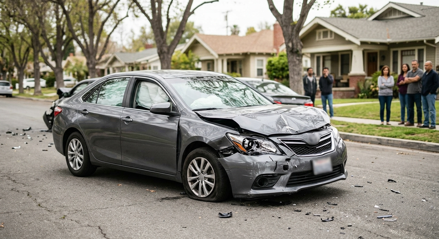 A modern sedan with heavy front-end damage resting in a residential South Los Angeles street after a high-impact collision.