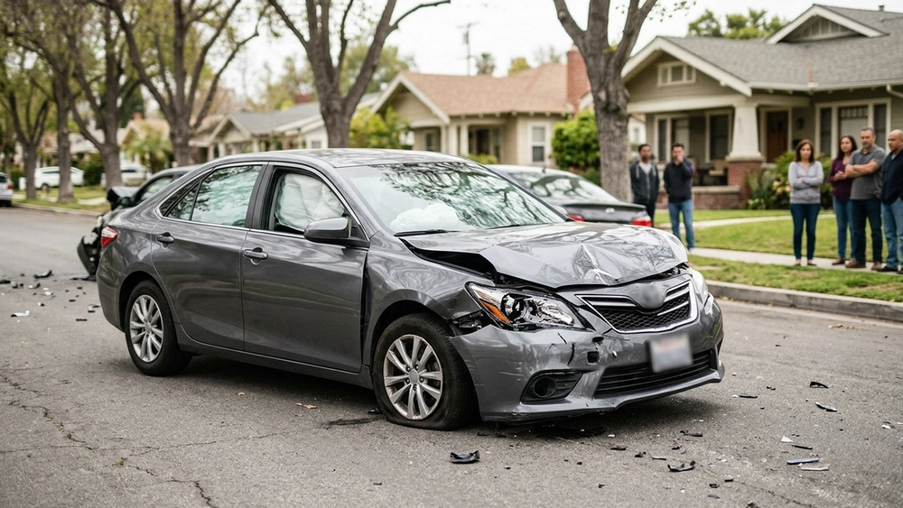 A modern sedan with heavy front-end damage resting in a residential South Los Angeles street after a high-impact collision.
