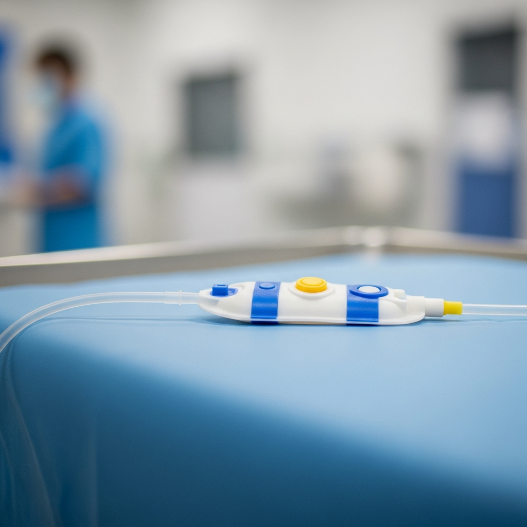 A close-up view of a medical port catheter device resting on a sterile blue surgical tray in a hospital environment.