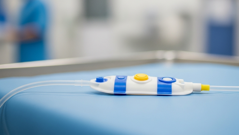 A close-up view of a medical port catheter device resting on a sterile blue surgical tray in a hospital environment.