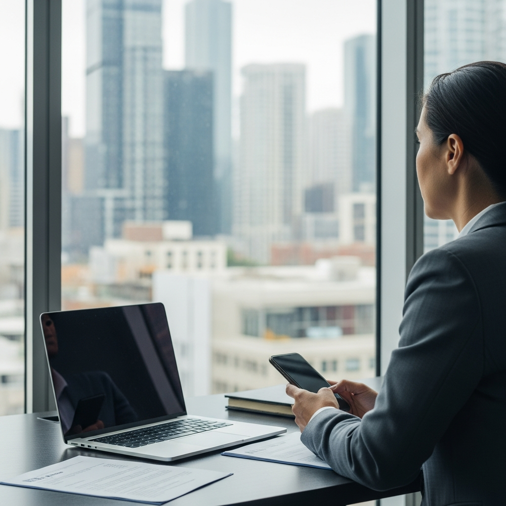 A person in professional business attire sitting at a modern desk with an open laptop and a smartphone, looking out a window at a city skyline.
