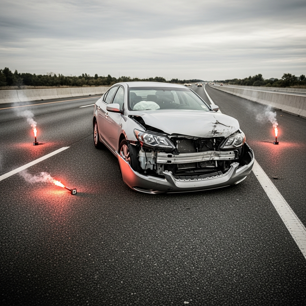 A silver sedan with significant front-end damage sitting on a highway shoulder with emergency flares nearby