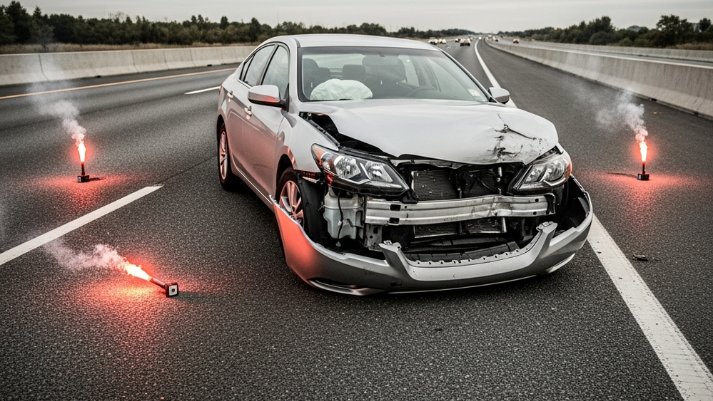 A silver sedan with significant front-end damage sitting on a highway shoulder with emergency flares nearby