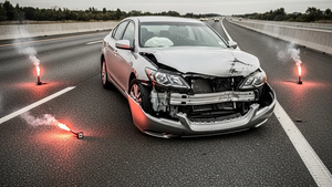 A silver sedan with significant front-end damage sitting on a highway shoulder with emergency flares nearby