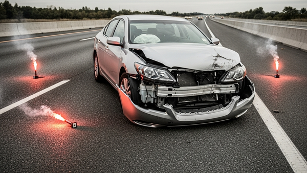 A silver sedan with significant front-end damage sitting on a highway shoulder with emergency flares nearby