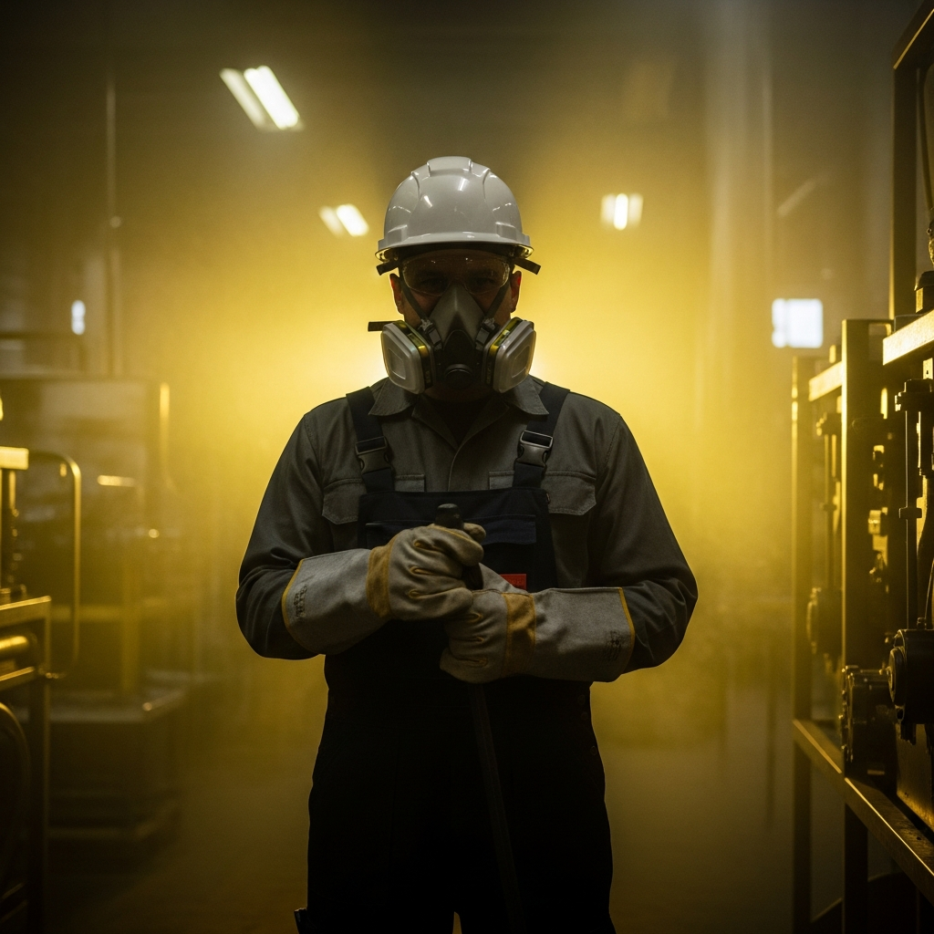 An industrial worker wearing protective gloves and a respirator mask standing in a dimly lit factory environment with hazy yellow atmospheric lighting