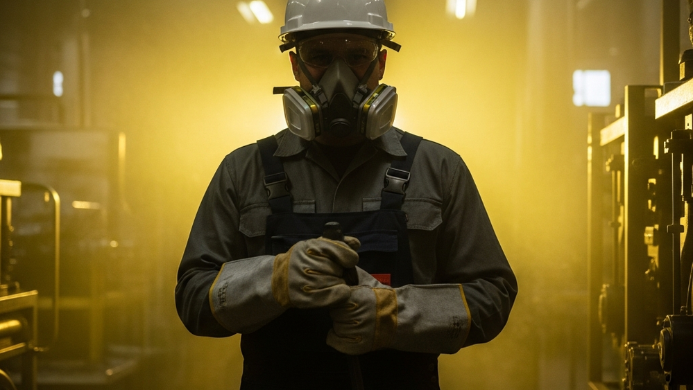 An industrial worker wearing protective gloves and a respirator mask standing in a dimly lit factory environment with hazy yellow atmospheric lighting